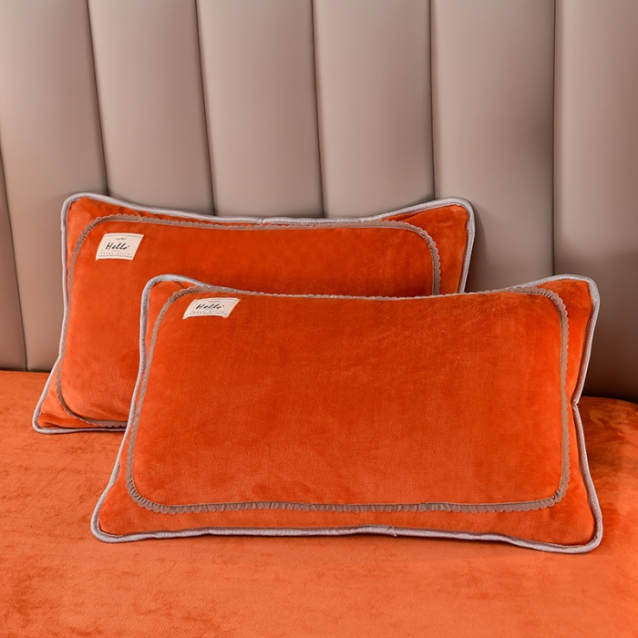 91家纺网 家纺一手货源 找家纺 牵梦萦纯色加厚牛奶绒法莱绒四件套秋冬季加绒床裙款 桔色