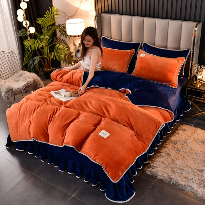 91家纺网 家纺一手货源 找家纺 牵梦萦纯色加厚牛奶绒法莱绒四件套秋冬季加绒床裙款 桔色+宝蓝
