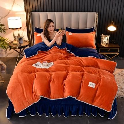 牵梦萦纯色加厚牛奶绒法莱绒四件套秋冬季加绒床裙款 桔色+宝蓝