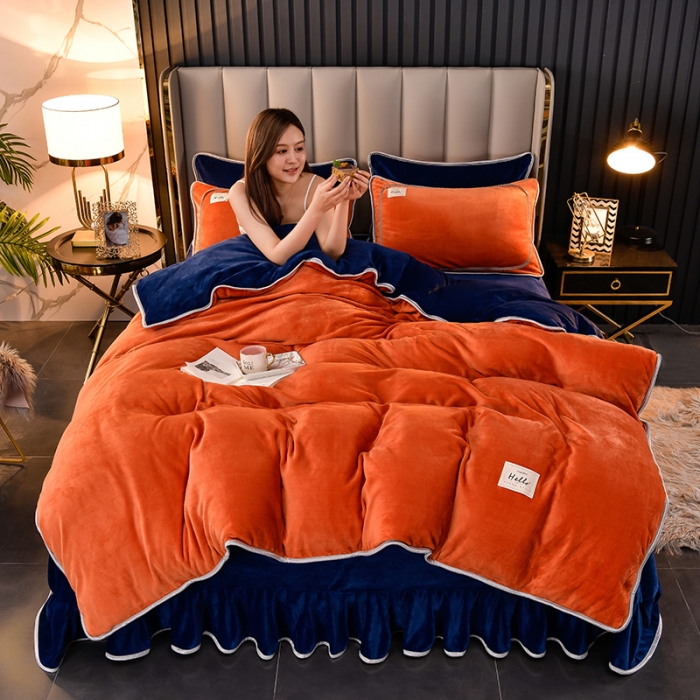 91家纺网 家纺一手货源 找家纺 牵梦萦纯色加厚牛奶绒法莱绒四件套秋冬季加绒床裙款 桔色+宝蓝