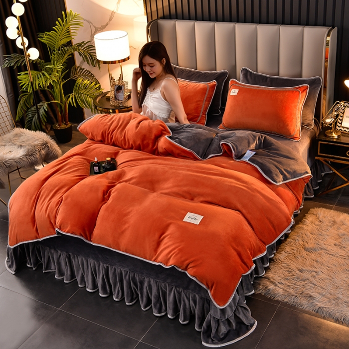 91家纺网 家纺一手货源 找家纺 牵梦萦纯色加厚牛奶绒法莱绒四件套秋冬季加绒床裙款 桔色+深灰