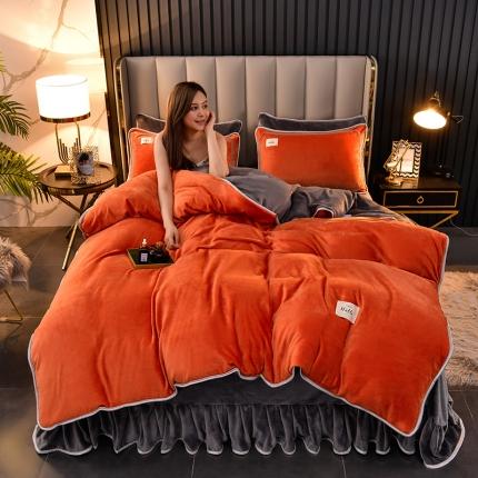 牵梦萦纯色加厚牛奶绒法莱绒四件套秋冬季加绒床裙款 桔色+深灰