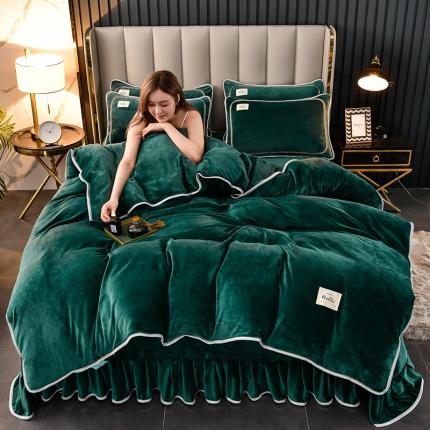 牵梦萦家纺纯色加厚牛奶绒法莱绒四件套秋冬季加绒床裙款 墨绿