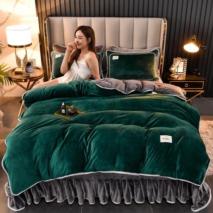 牵梦萦纯色加厚牛奶绒法莱绒四件套秋冬季加绒床裙款 墨绿+深灰