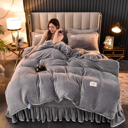 牵梦萦纯色加厚牛奶绒法莱绒四件套秋冬季加绒床裙款 浅灰