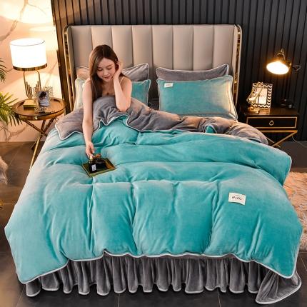 牵梦萦纯色加厚牛奶绒法莱绒四件套秋冬季加绒床裙款 天蓝+浅灰