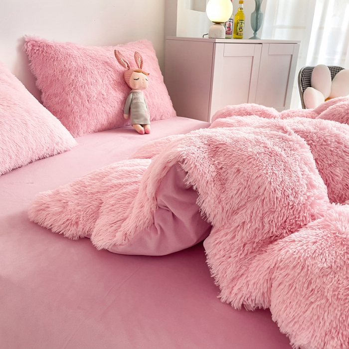 91家纺网 家纺一手货源 找家纺 邦妮 2024新款云貂绒纯色四件套 粉色