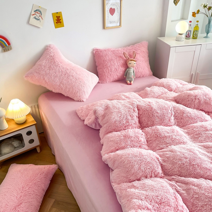 91家纺网 家纺一手货源 找家纺 邦妮 2024新款云貂绒纯色四件套 粉色