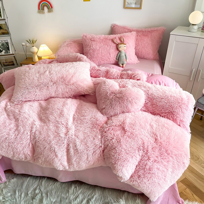 91家纺网 家纺一手货源 找家纺 邦妮 2024新款云貂绒纯色四件套 粉色