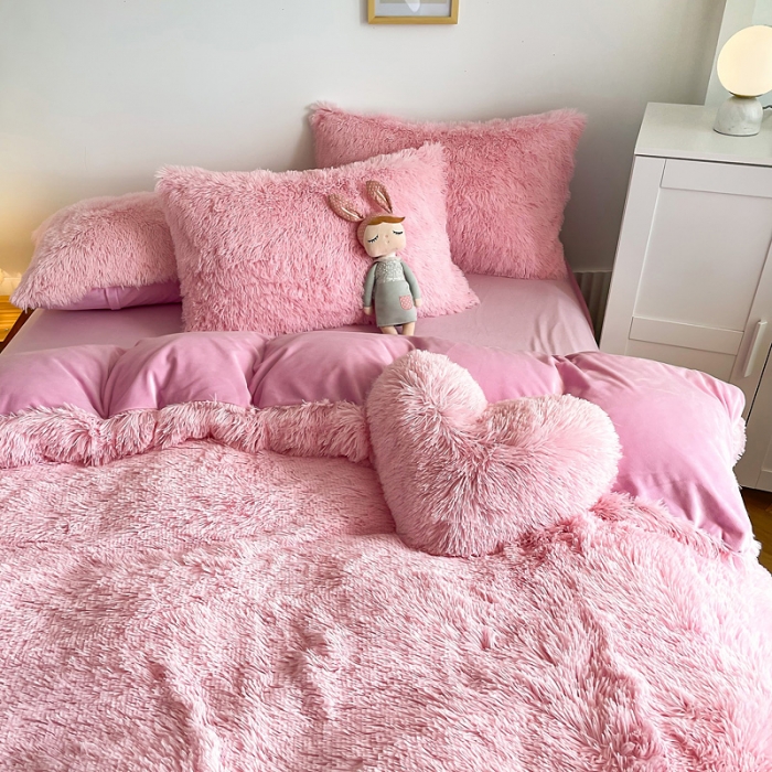 91家纺网 家纺一手货源 找家纺 邦妮 2024新款云貂绒纯色四件套 粉色