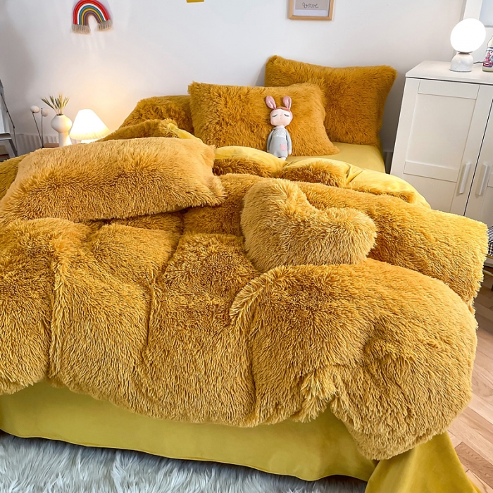 91家纺网 家纺一手货源 找家纺 邦妮 2024新款云貂绒纯色四件套 姜黄