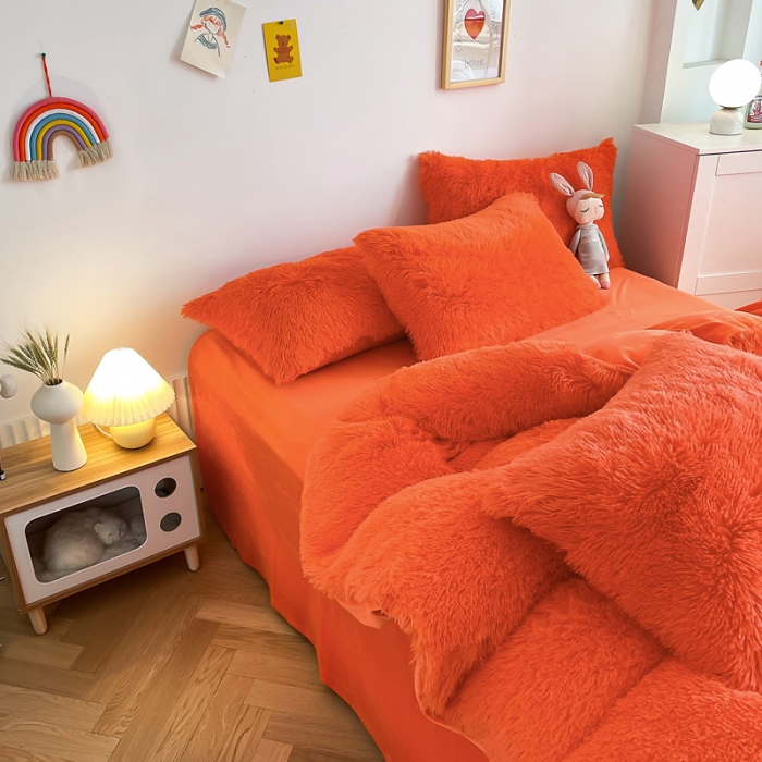 91家纺网 家纺一手货源 找家纺 邦妮 2024新款云貂绒纯色四件套 桔色