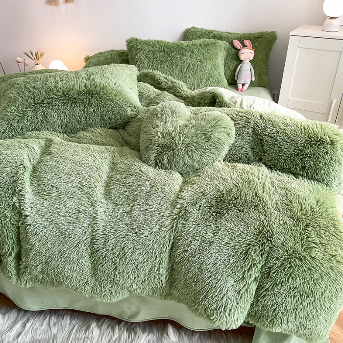 91家纺网 家纺一手货源 找家纺 邦妮 2024新款云貂绒纯色四件套 牛油果绿