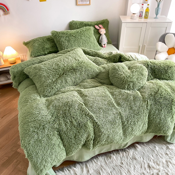 91家纺网 家纺一手货源 找家纺 邦妮 2024新款云貂绒纯色四件套 牛油果绿