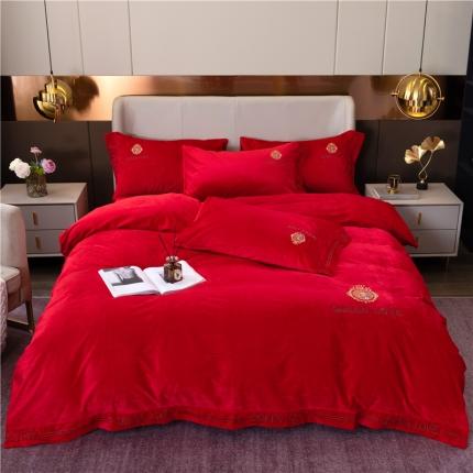 福丽莱 宝宝绒刺绣四件套-浪漫风情 大红