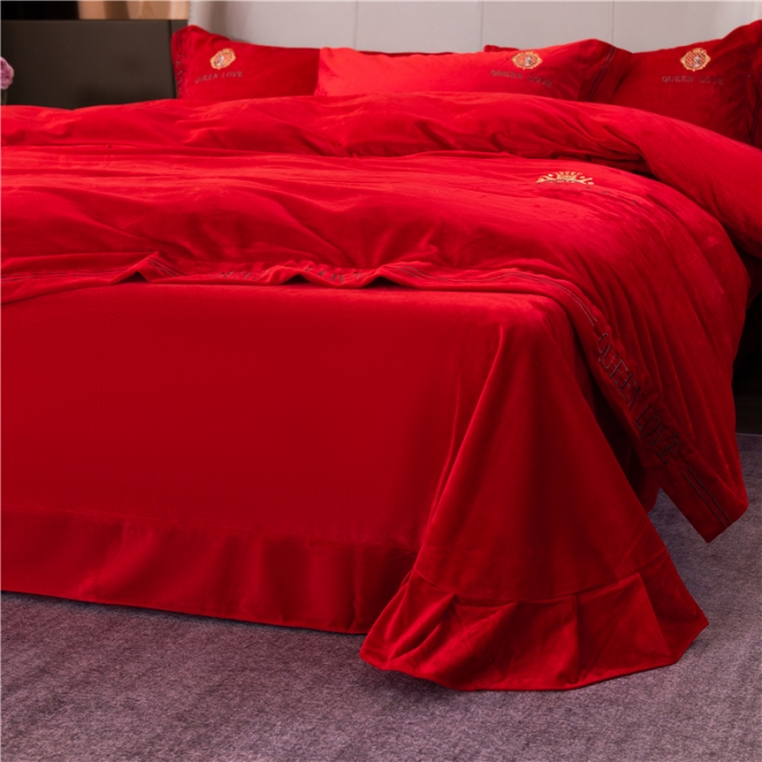 91家纺网 家纺一手货源 找家纺 福丽莱 宝宝绒刺绣四件套-浪漫风情 大红