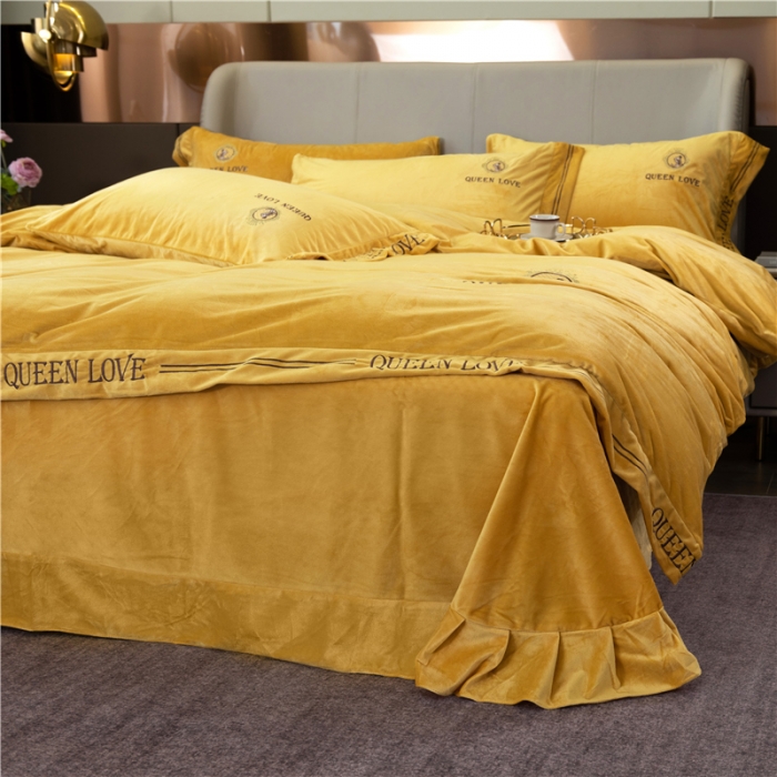 91家纺网 家纺一手货源 找家纺 福丽莱 宝宝绒刺绣四件套-浪漫风情 柠檬黄