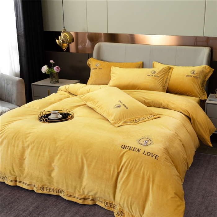 91家纺网 家纺一手货源 找家纺 福丽莱 宝宝绒刺绣四件套-浪漫风情 柠檬黄