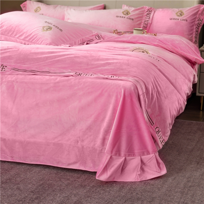 91家纺网 家纺一手货源 找家纺 福丽莱 宝宝绒刺绣四件套-浪漫风情 粉红