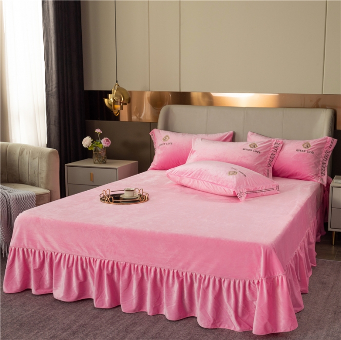 91家纺网 家纺一手货源 找家纺 福丽莱 宝宝绒刺绣四件套-浪漫风情 粉红