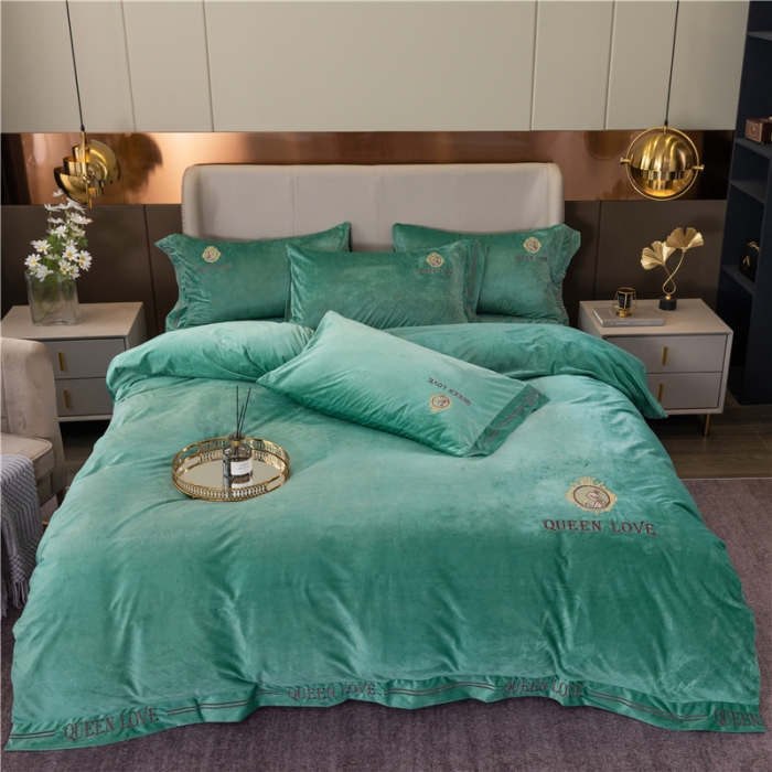 91家纺网 家纺一手货源 找家纺 福丽莱 宝宝绒刺绣四件套-浪漫风情 抹茶绿