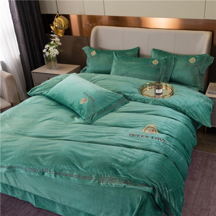 91家纺网 家纺一手货源 找家纺 福丽莱 宝宝绒刺绣四件套-浪漫风情 抹茶绿