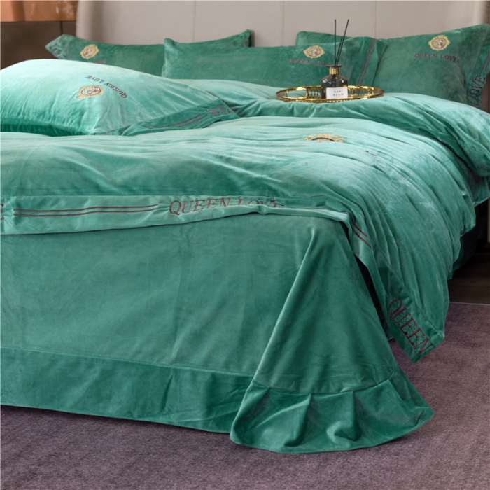 91家纺网 家纺一手货源 找家纺 福丽莱 宝宝绒刺绣四件套-浪漫风情 抹茶绿