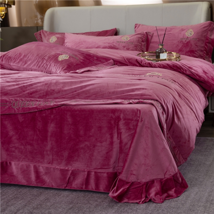 91家纺网 家纺一手货源 找家纺 福丽莱 宝宝绒刺绣四件套-浪漫风情 豆沙