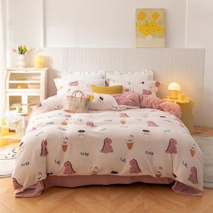 91家纺网 家纺一手货源 找家纺 BOSS 2021新款高端牛奶绒韩系印花套件 恐龙宝宝 粉