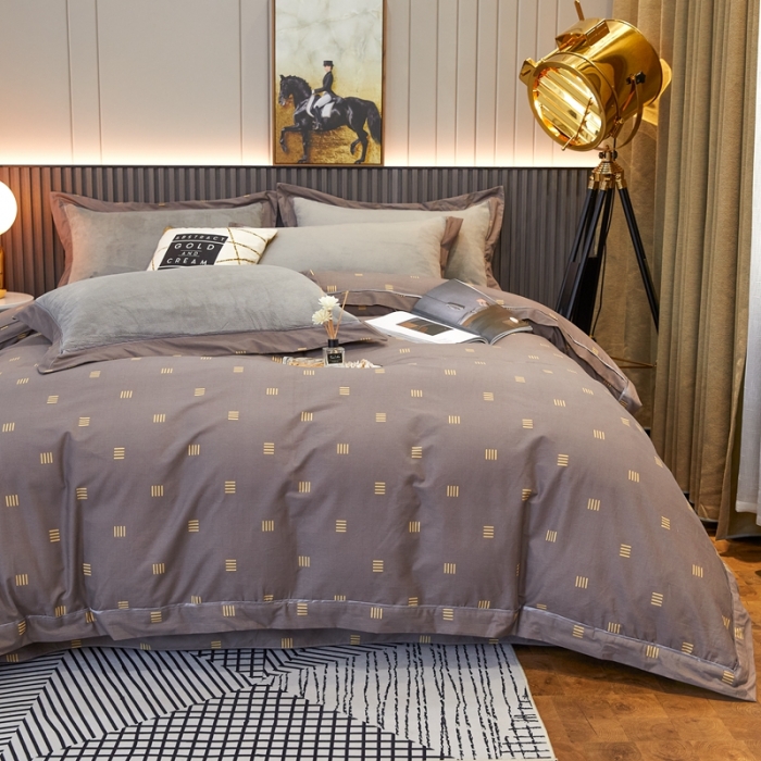 91家纺网 家纺一手货源 找家纺 杜先生2021新款230克牛奶绒拼角被边款四件套 安格斯-灰