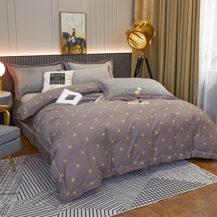 91家纺网 家纺一手货源 找家纺 杜先生2021新款230克牛奶绒拼角被边款四件套 安格斯-灰