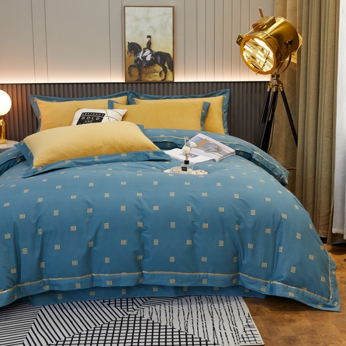 91家纺网 家纺一手货源 找家纺 杜先生2021新款230克牛奶绒拼角被边款四件套 安格斯-蓝