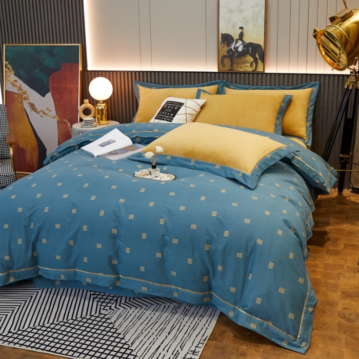 91家纺网 家纺一手货源 找家纺 杜先生2021新款230克牛奶绒拼角被边款四件套 安格斯-蓝