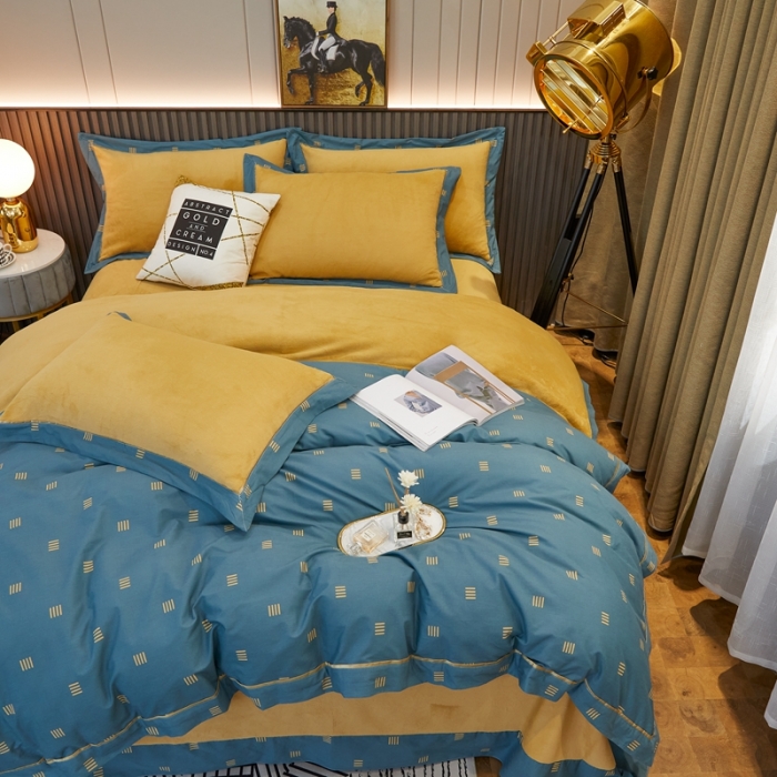 91家纺网 家纺一手货源 找家纺 杜先生2021新款230克牛奶绒拼角被边款四件套 安格斯-蓝