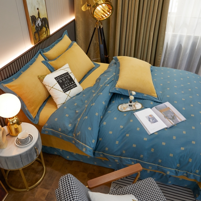 91家纺网 家纺一手货源 找家纺 杜先生2021新款230克牛奶绒拼角被边款四件套 安格斯-蓝