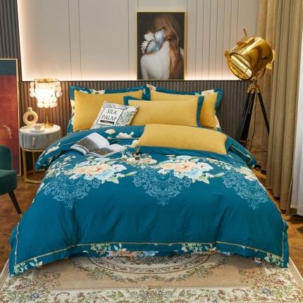 杜先生2021新款230克牛奶绒拼角被边款四件套富丽满堂-绿