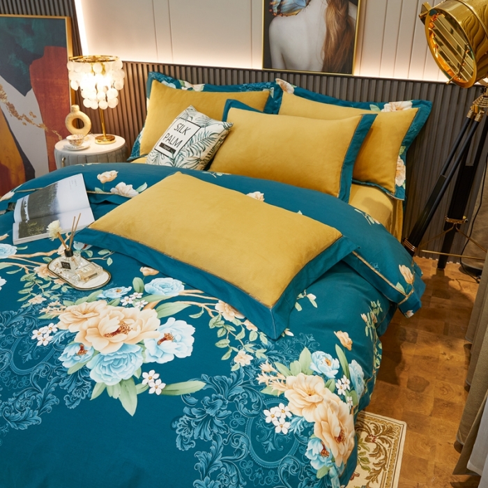 91家纺网 家纺一手货源 找家纺 杜先生2021新款230克牛奶绒拼角被边款四件套富丽满堂-绿