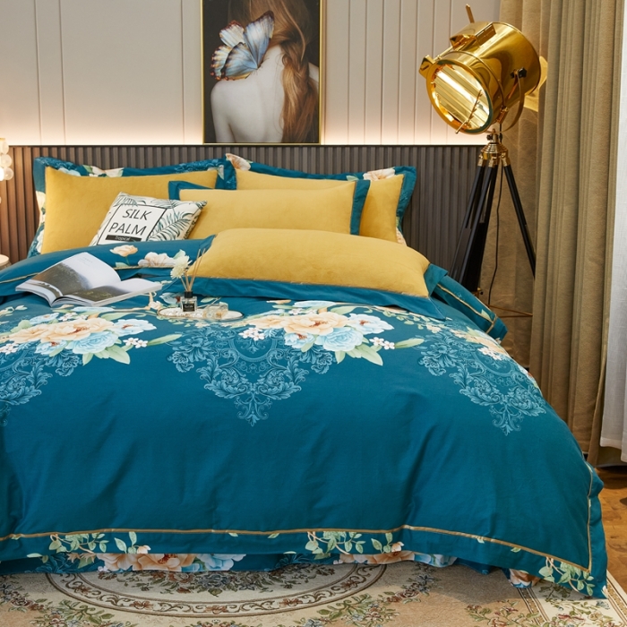 91家纺网 家纺一手货源 找家纺 杜先生2021新款230克牛奶绒拼角被边款四件套富丽满堂-绿