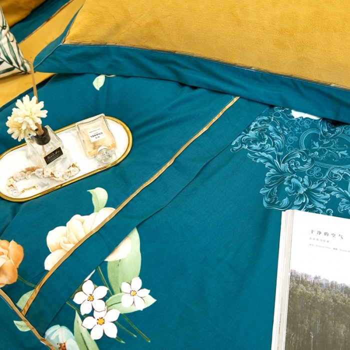 91家纺网 家纺一手货源 找家纺 杜先生2021新款230克牛奶绒拼角被边款四件套富丽满堂-绿