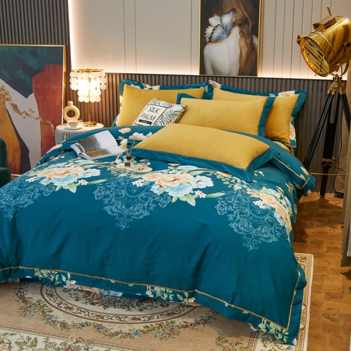 91家纺网 家纺一手货源 找家纺 杜先生2021新款230克牛奶绒拼角被边款四件套富丽满堂-绿