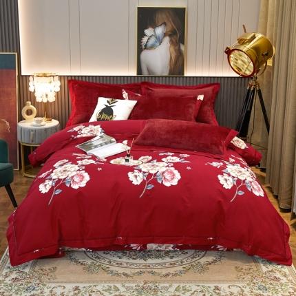 杜先生2021新款230克牛奶绒拼角被边款四件套花开浓情酒红