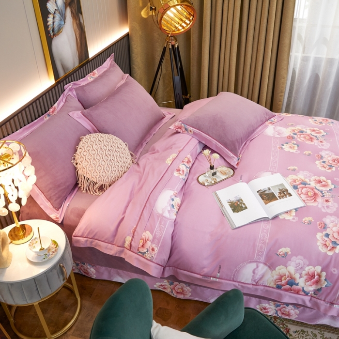 91家纺网 家纺一手货源 找家纺 杜先生2021新款230克牛奶绒拼角被边款四件套锦绣花期-粉