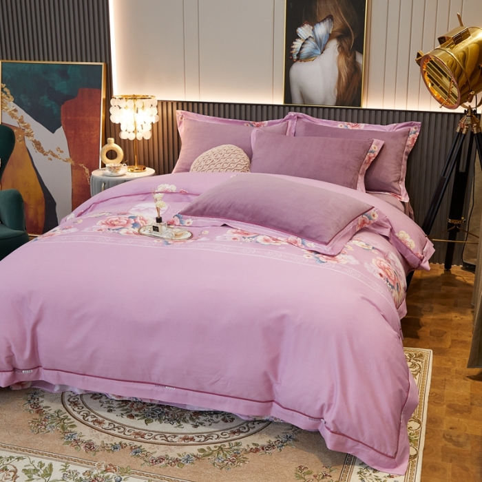 91家纺网 家纺一手货源 找家纺 杜先生2021新款230克牛奶绒拼角被边款四件套锦绣花期-粉