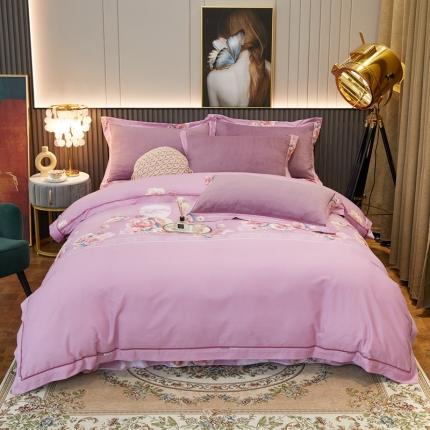 杜先生2021新款230克牛奶绒拼角被边款四件套锦绣花期-粉