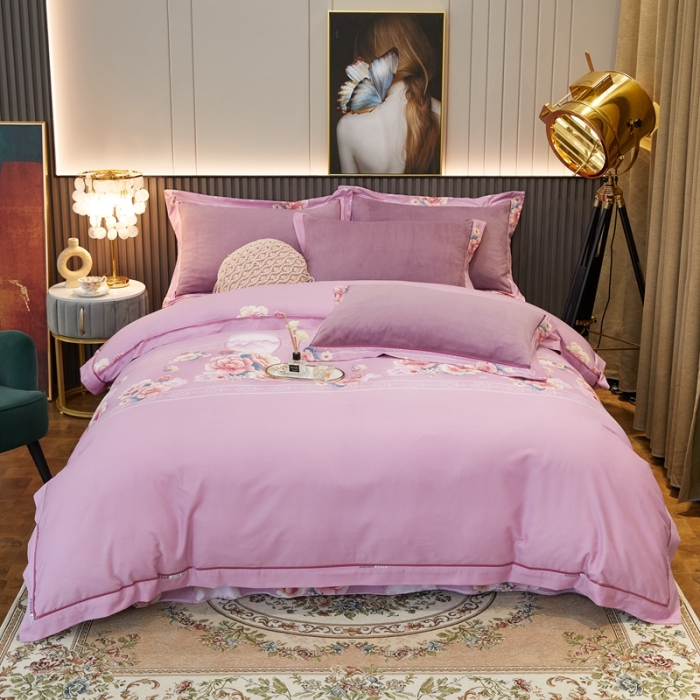 91家纺网 家纺一手货源 找家纺 杜先生2021新款230克牛奶绒拼角被边款四件套锦绣花期-粉