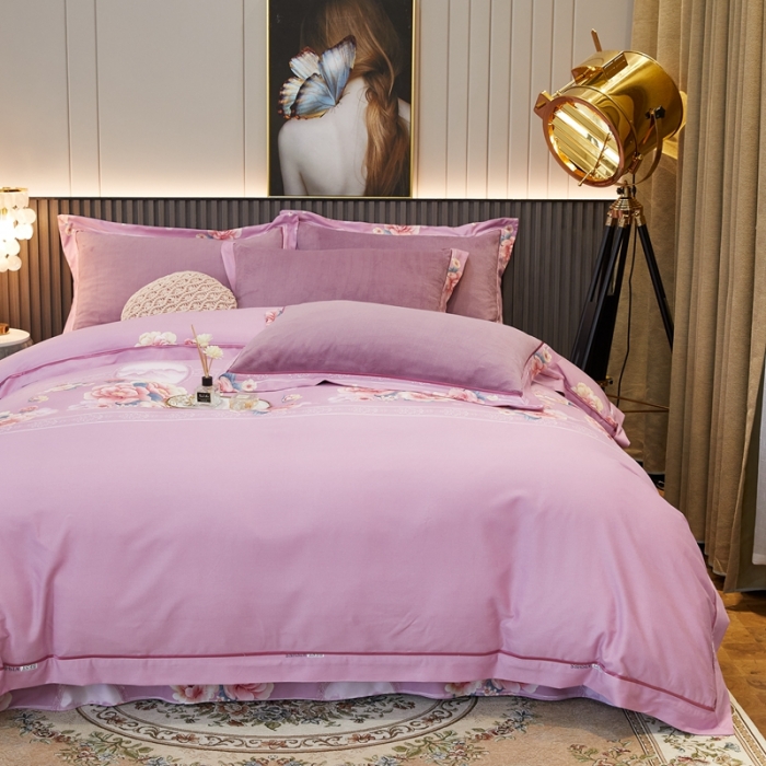 91家纺网 家纺一手货源 找家纺 杜先生2021新款230克牛奶绒拼角被边款四件套锦绣花期-粉