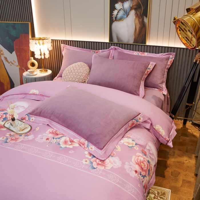 91家纺网 家纺一手货源 找家纺 杜先生2021新款230克牛奶绒拼角被边款四件套锦绣花期-粉