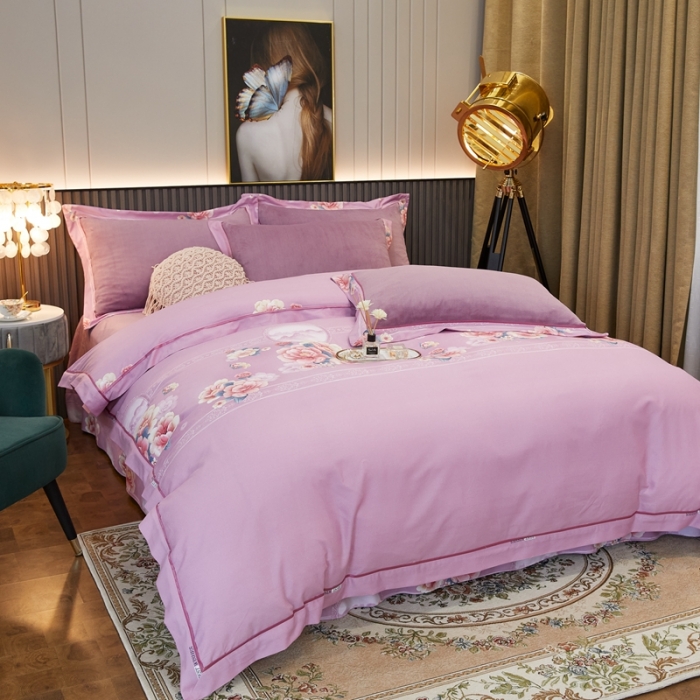 91家纺网 家纺一手货源 找家纺 杜先生2021新款230克牛奶绒拼角被边款四件套锦绣花期-粉