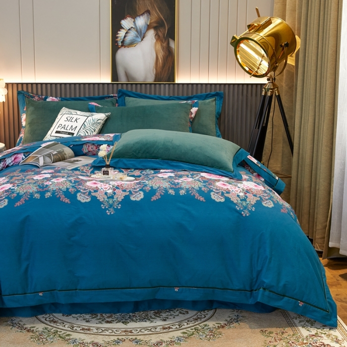 91家纺网 家纺一手货源 找家纺 杜先生2021新款230克牛奶绒拼角被边款四件套绝代年华墨绿