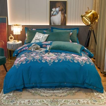 杜先生2021新款230克牛奶绒拼角被边款四件套绝代年华墨绿